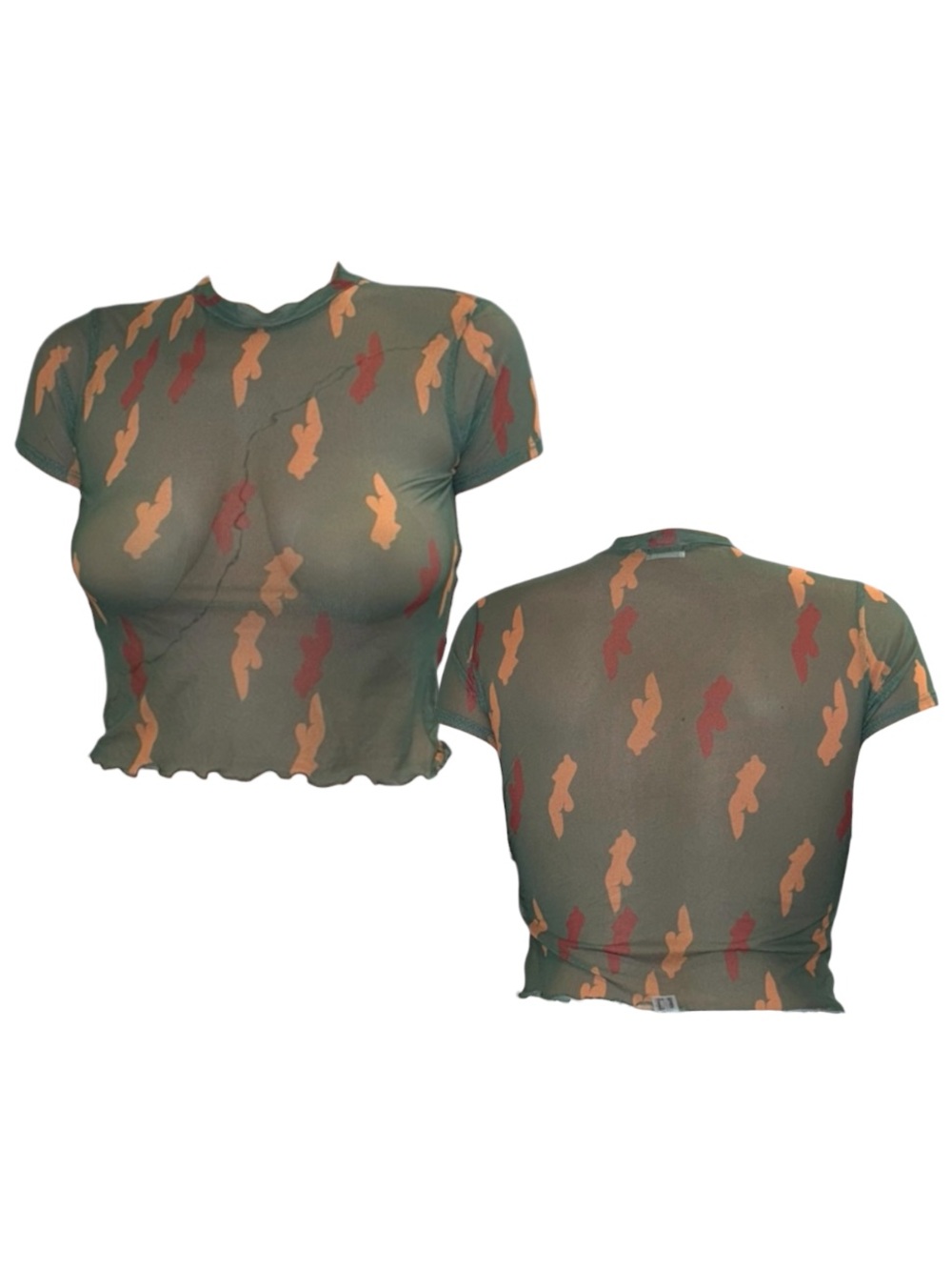 iNAMORATA Olive Sheer Crop Top with Rust and Tan Abstract Print